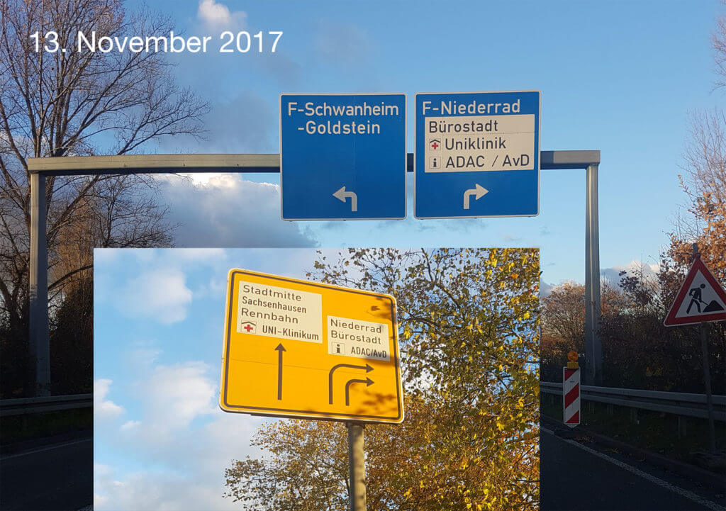 Highway exit signs of Niederrad Frankfurt Lyon District