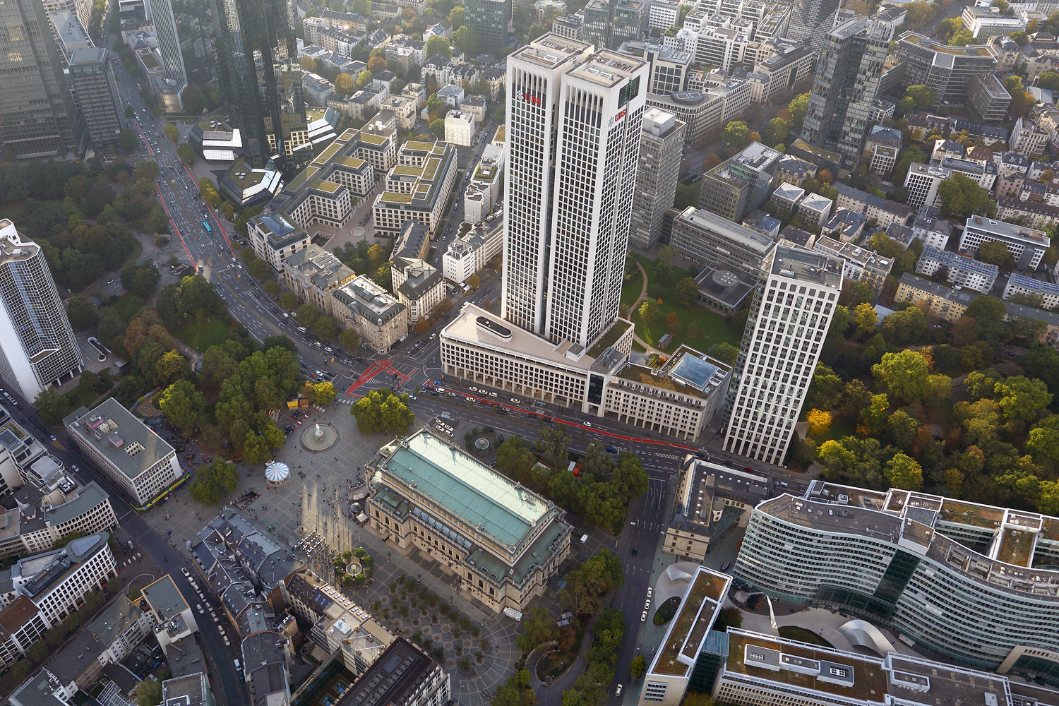 Old Opera House and OpernTurm in Frankfurt - aerial photo