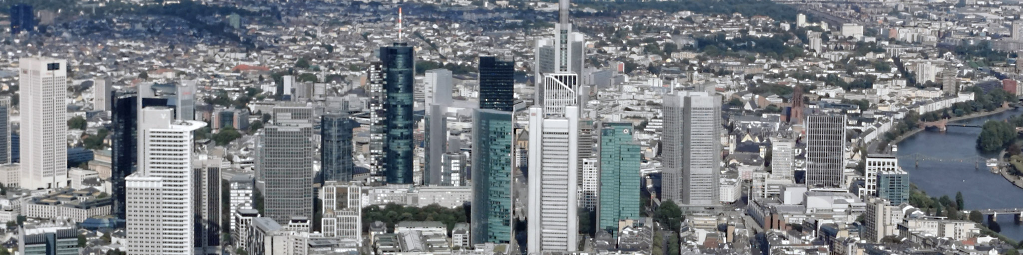 Frankfurt Financial District - CBD Frankfurt - Central Business District - Frankfurt, Germany - Panorama of skyscrapers - Banking District
