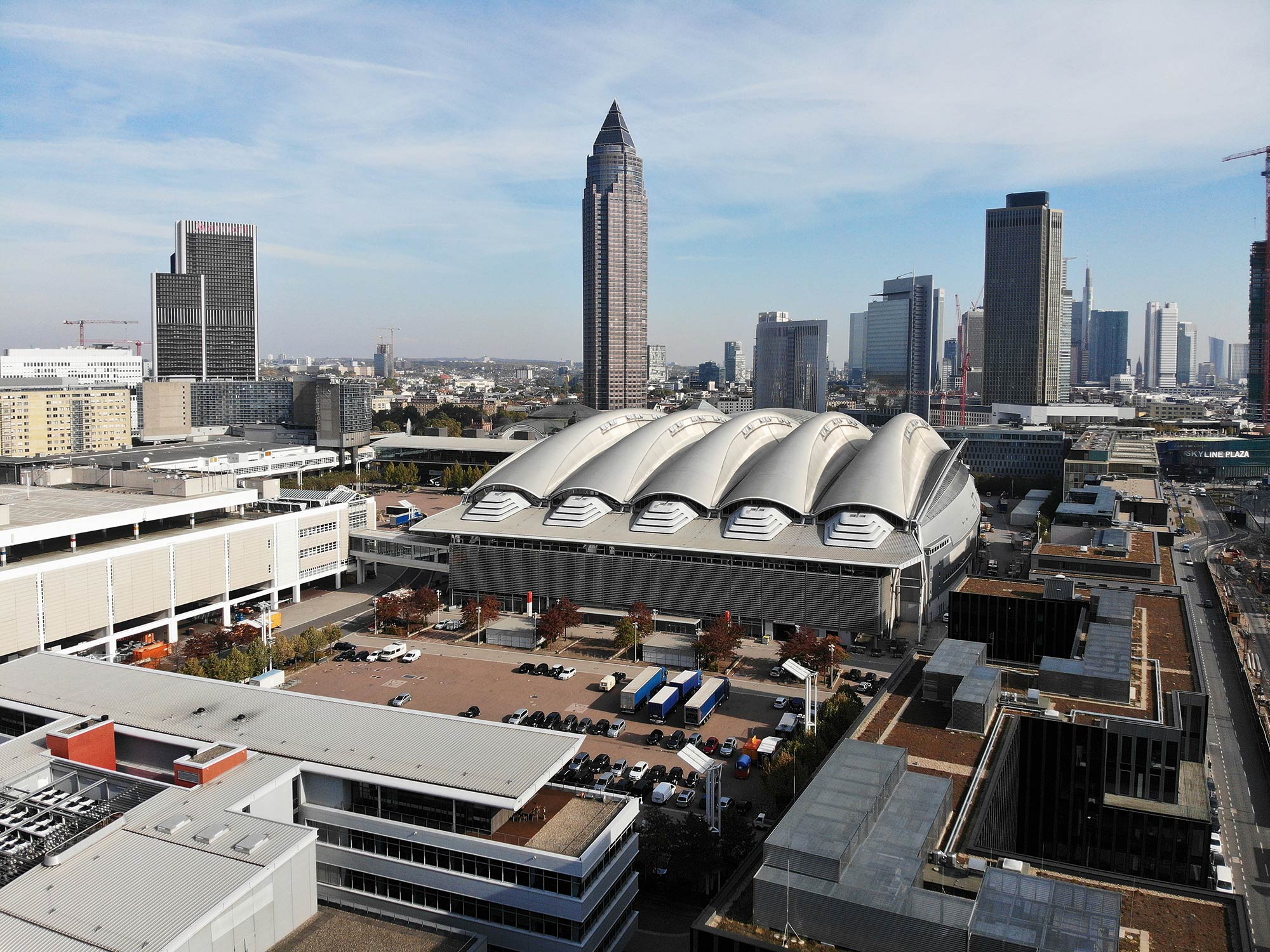 frankfurt-messe-exhibition-site-panorama-aerial-drone-photo Frankfurt with its skyscrapers and the Messe exhibition site - panorama - aerial photo - drone photo