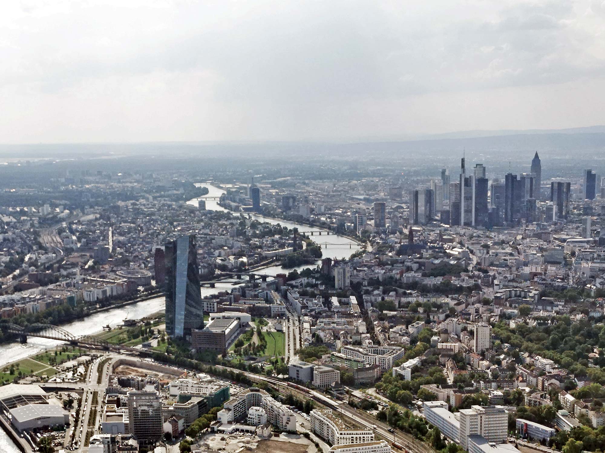 Frankfurt Skyscraper Master Plan 2021 - masterplan for new highrise locations in Frankfurt, Germany - including the Campanile tower - ECB aerial