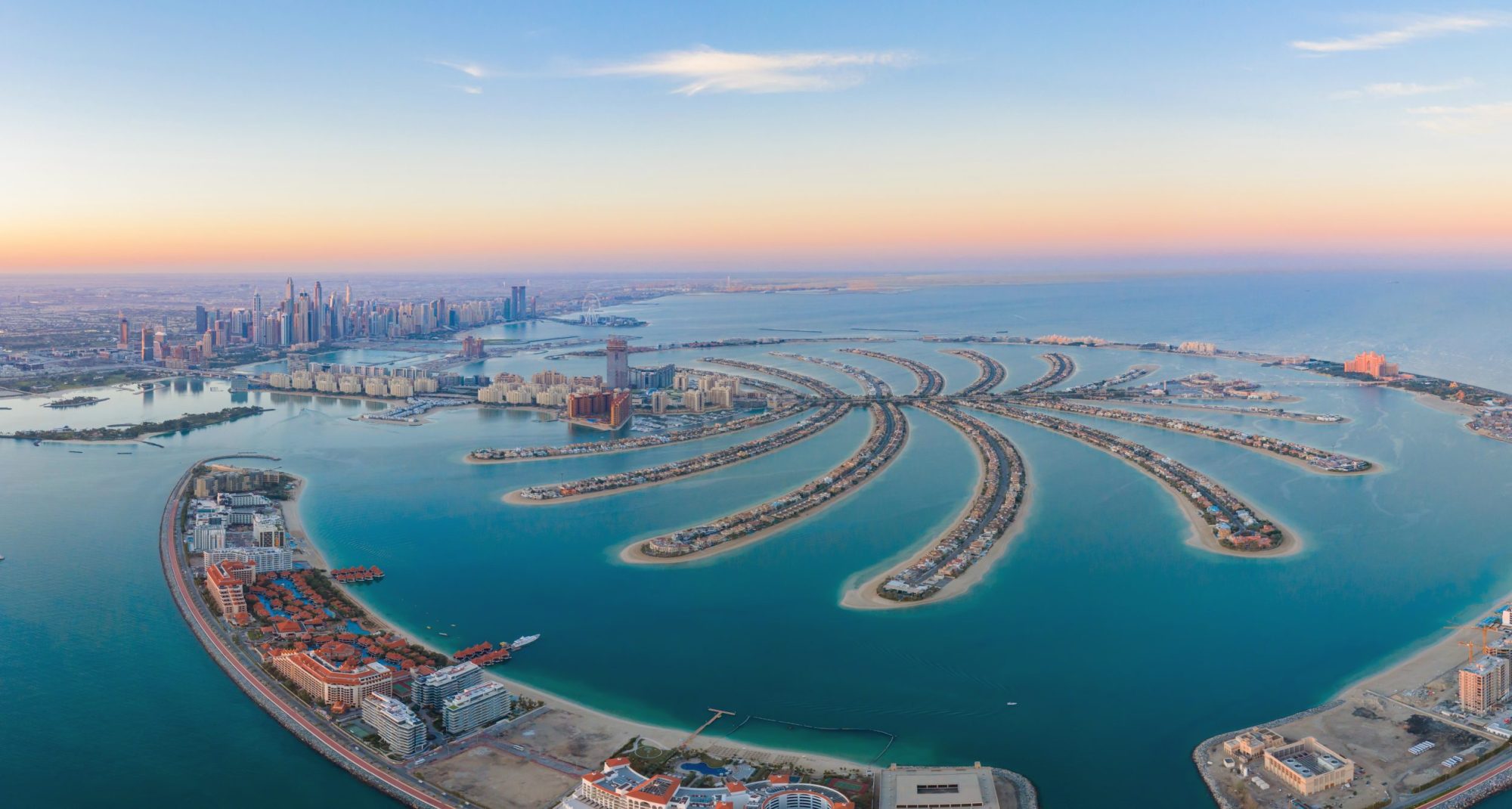 Aerial view of The Palm Jumeirah Island, United Arab Emirates or UAE.